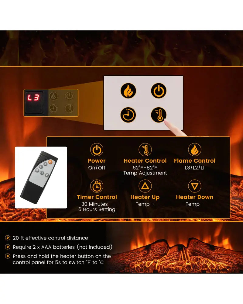 18/23 Inch Electric Fireplace Inserted with Adjustable LED Flame-23 inches - Black - Fireplaces