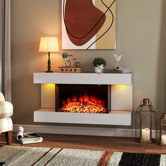 18/36 Inch 3-Sided Wall Mounted Electric Fireplace with 32/50 Inch Wide Floating Mantle-32 Inch - White - Fireplaces