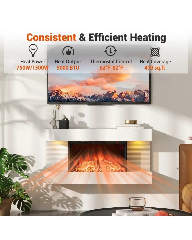 18/36 Inch 3-Sided Wall Mounted Electric Fireplace with 32/50 Inch Wide Floating Mantle-32 Inch - White - Fireplaces
