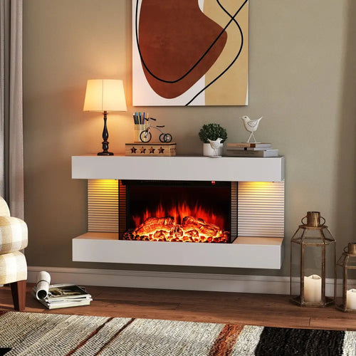 18/36 Inch 3-Sided Wall Mounted Electric Fireplace with 32/50 Inch Wide Floating Mantle-32 Inch - White - Fireplaces