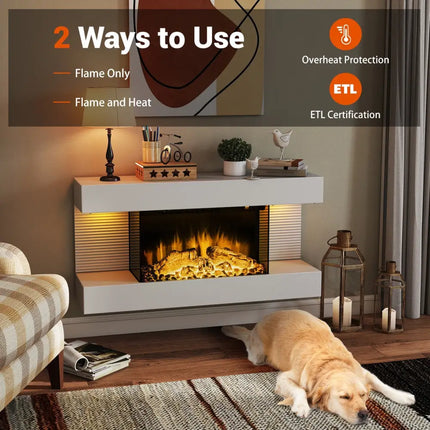 18/36 Inch 3-Sided Wall Mounted Electric Fireplace with 32/50 Inch Wide Floating Mantle-32 Inch - White - Fireplaces