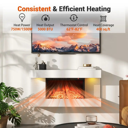 18/36 Inch 3-Sided Wall Mounted Electric Fireplace with 32/50 Inch Wide Floating Mantle-32 Inch - White - Fireplaces