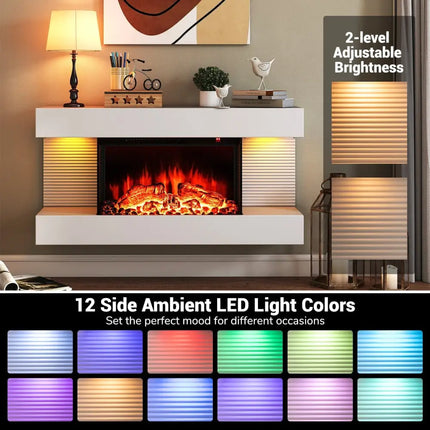 18/36 Inch 3-Sided Wall Mounted Electric Fireplace with 32/50 Inch Wide Floating Mantle-32 Inch - White - Fireplaces