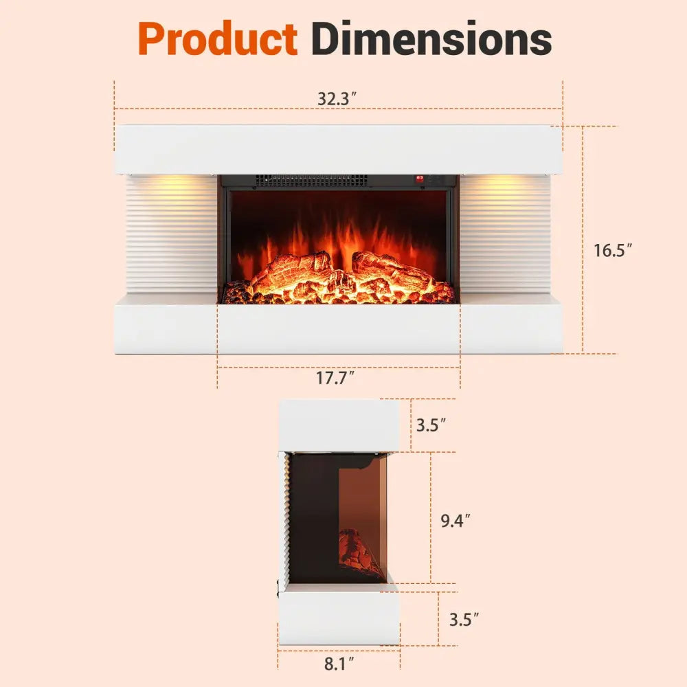 18/36 Inch 3-Sided Wall Mounted Electric Fireplace with 32/50 Inch Wide Floating Mantle-32 Inch - White - Fireplaces