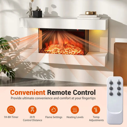 18/36 Inch 3-Sided Wall Mounted Electric Fireplace with 32/50 Inch Wide Floating Mantle-32 Inch - White - Fireplaces