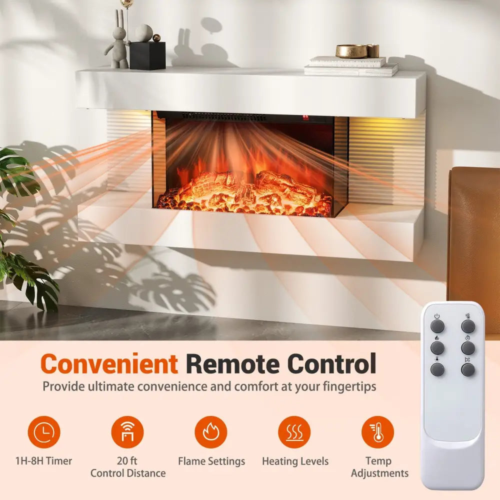 18/36 Inch 3-Sided Wall Mounted Electric Fireplace with 32/50 Inch Wide Floating Mantle-32 Inch - White - Fireplaces