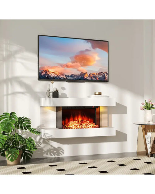 18/36 Inch 3-Sided Wall Mounted Electric Fireplace with 32/50 Inch Wide Floating Mantle-32 Inch - White - Fireplaces
