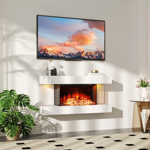 18/36 Inch 3-Sided Wall Mounted Electric Fireplace with 32/50 Inch Wide Floating Mantle-32 Inch - White - Fireplaces