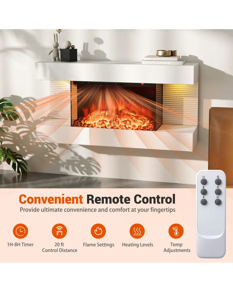 18/36 Inch 3-Sided Wall Mounted Electric Fireplace with 32/50 Inch Wide Floating Mantle-32 Inch - White - Fireplaces