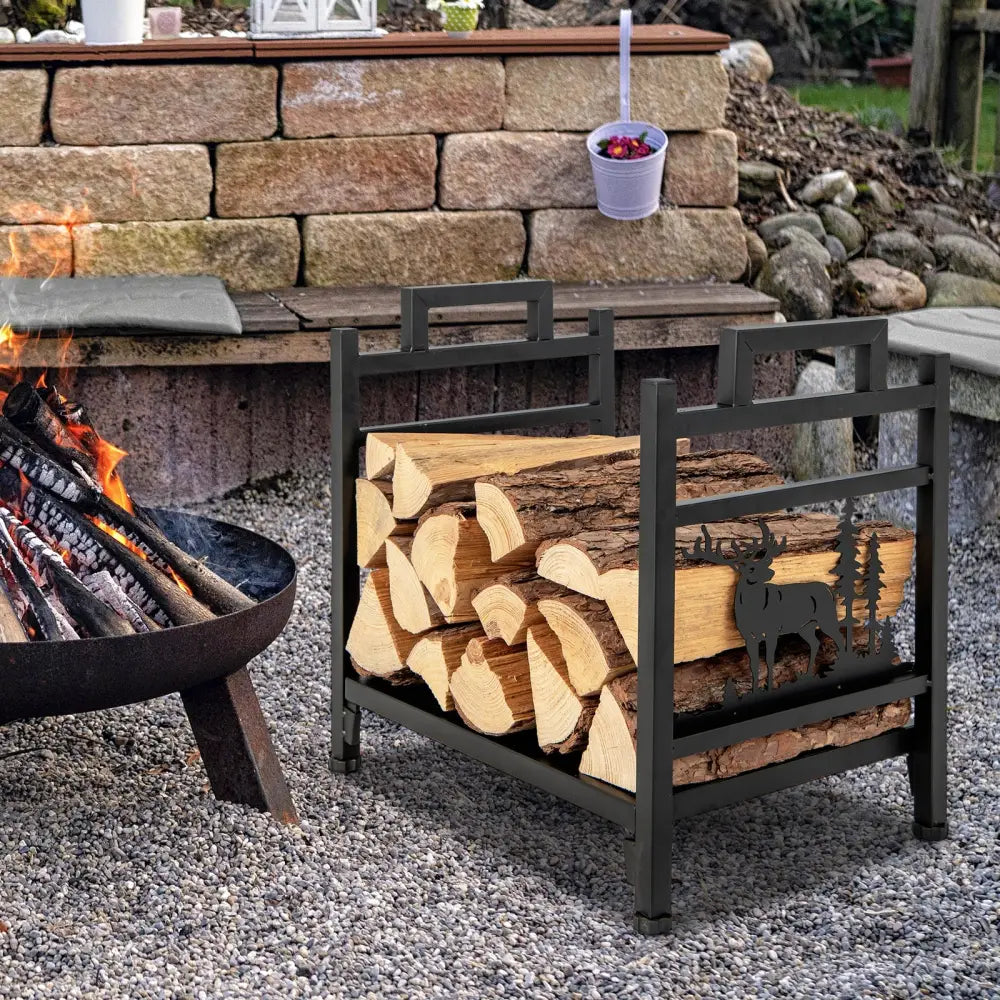 18.5 Inch Metal Firewood Rack with Dual Handles - Black - Log Storage