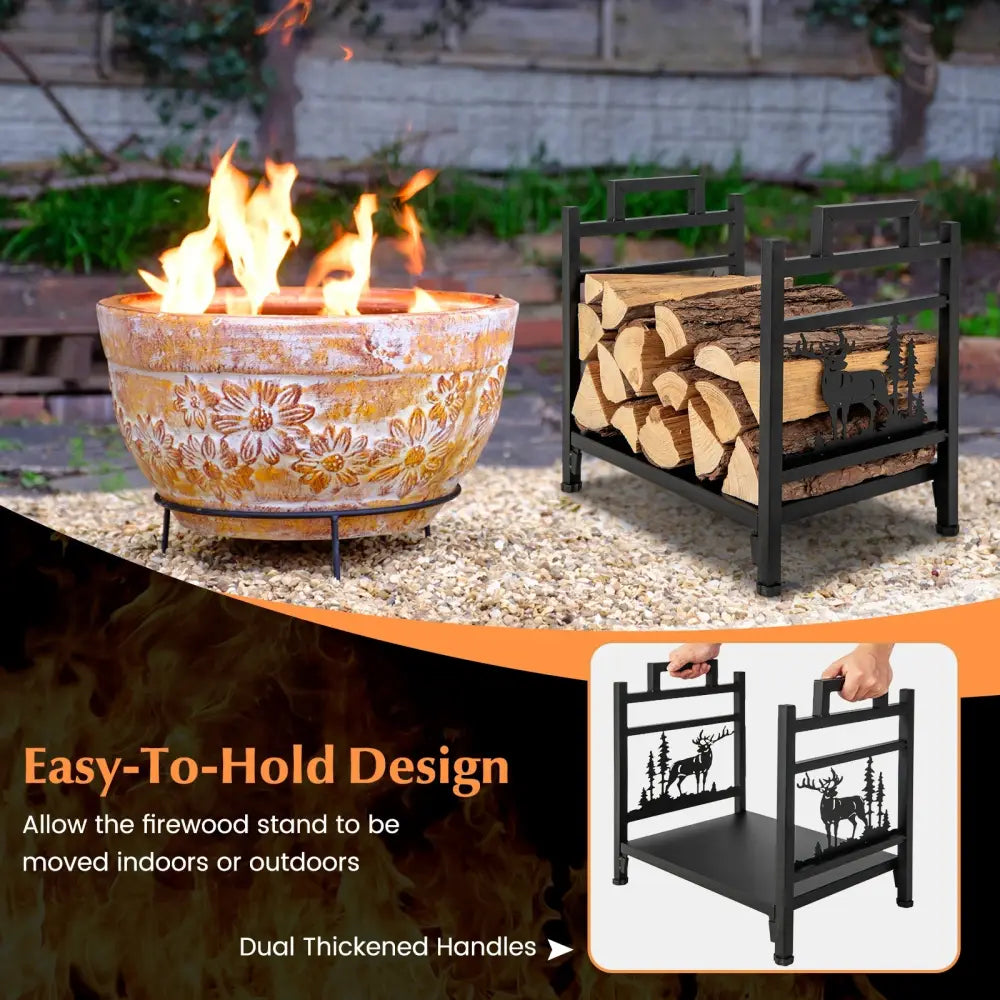 18.5 Inch Metal Firewood Rack with Dual Handles - Black - Log Storage