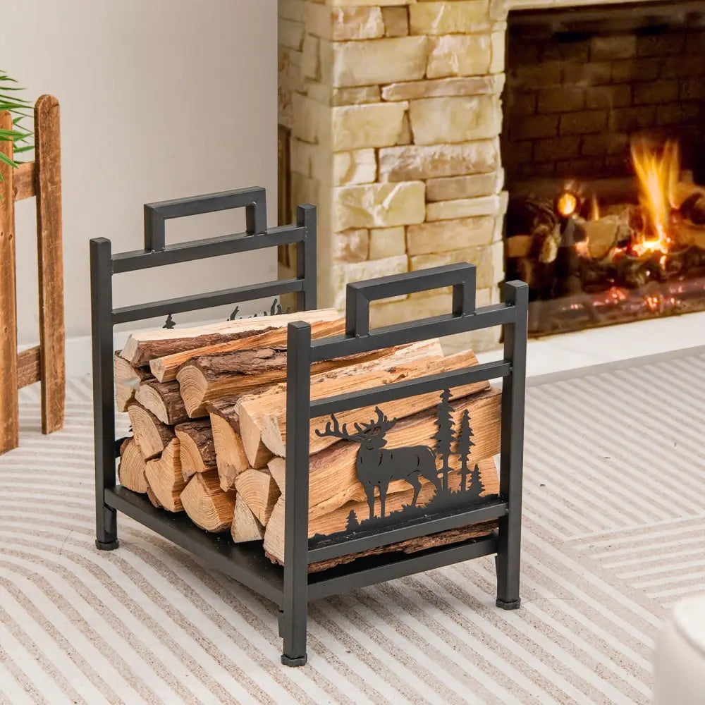 18.5 Inch Metal Firewood Rack with Dual Handles - Black - Log Storage