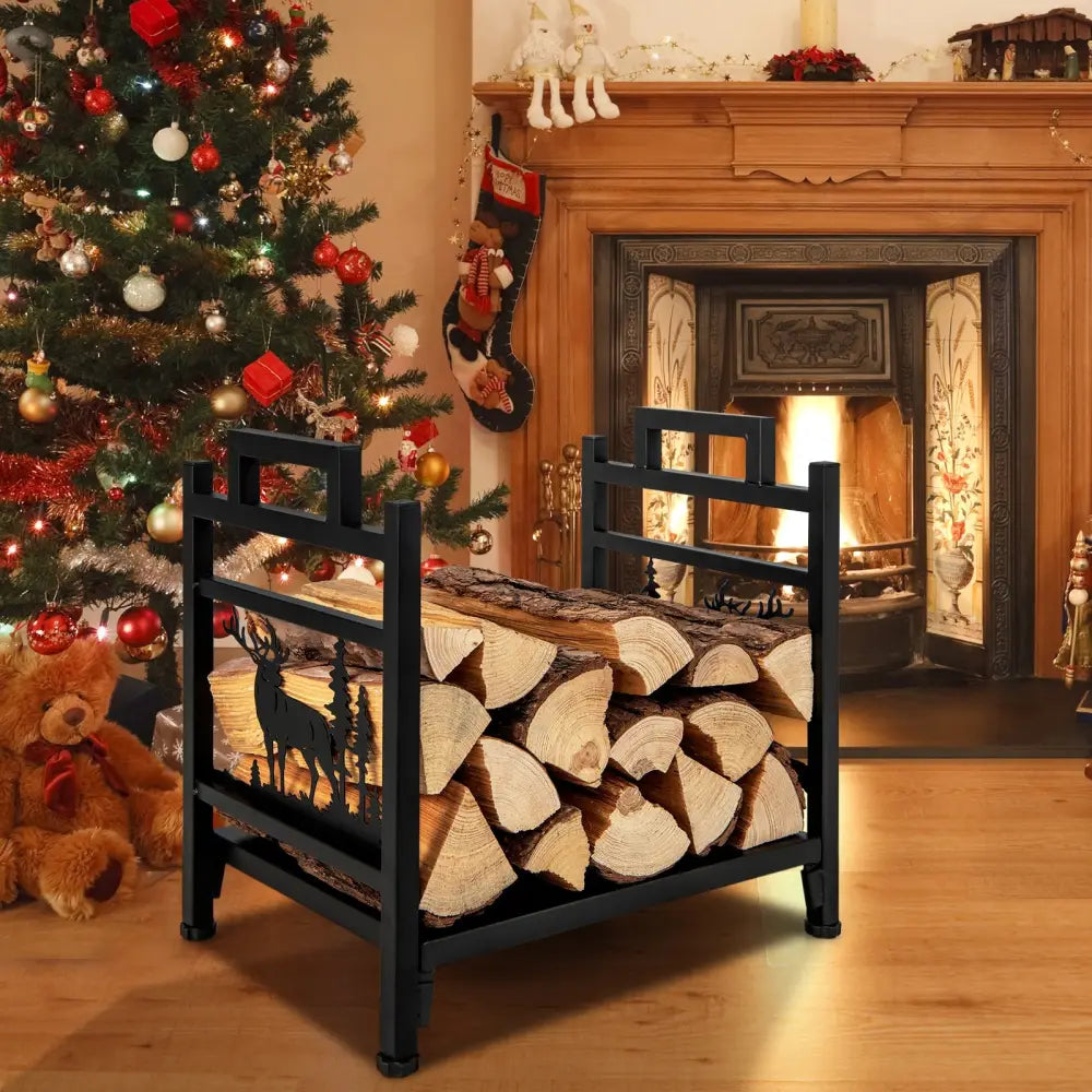 18.5 Inch Metal Firewood Rack with Dual Handles - Black - Log Storage