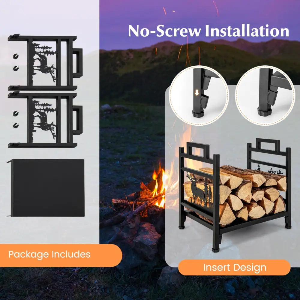 18.5 Inch Metal Firewood Rack with Dual Handles - Black - Log Storage