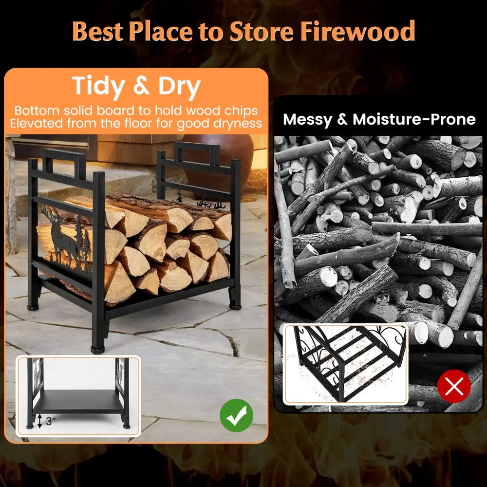 18.5 Inch Metal Firewood Rack with Dual Handles - Black - Log Storage