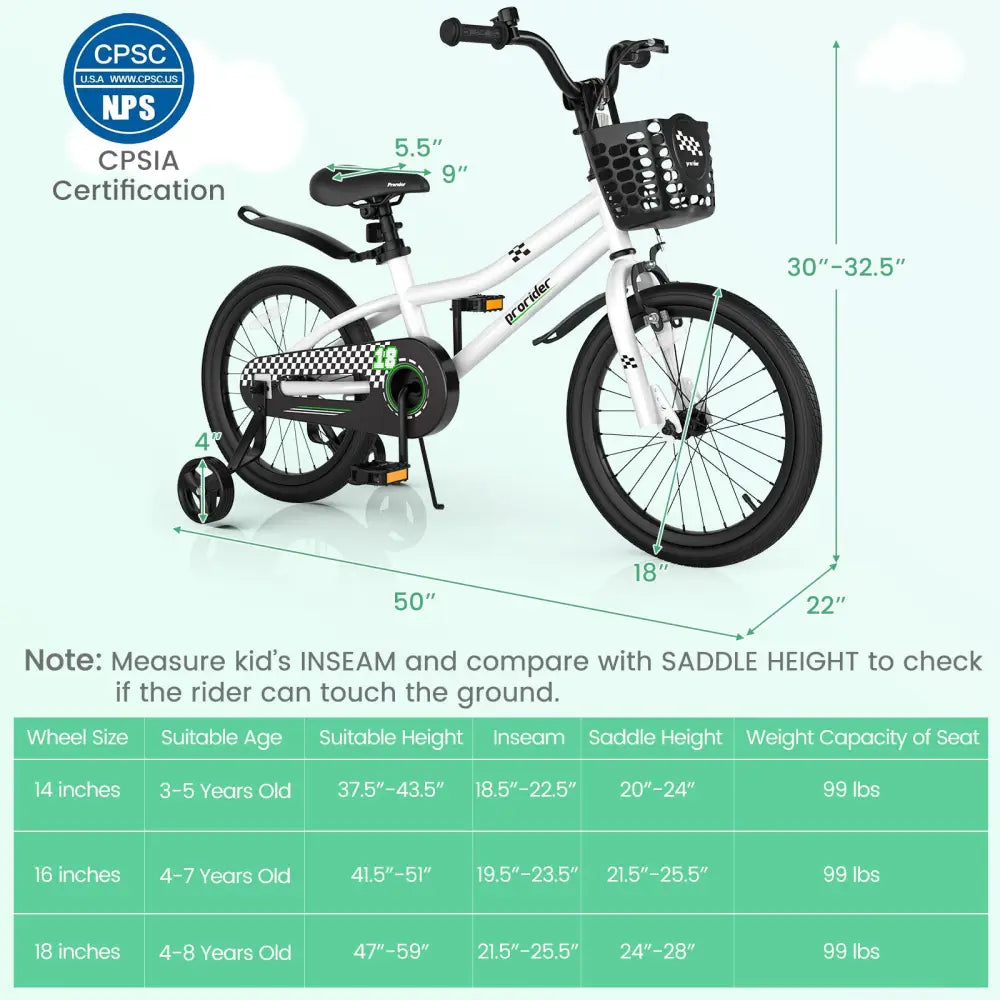 18 Feet Kids Bike with Removable Training Wheels-Black & White - Black & White - Kids Bike