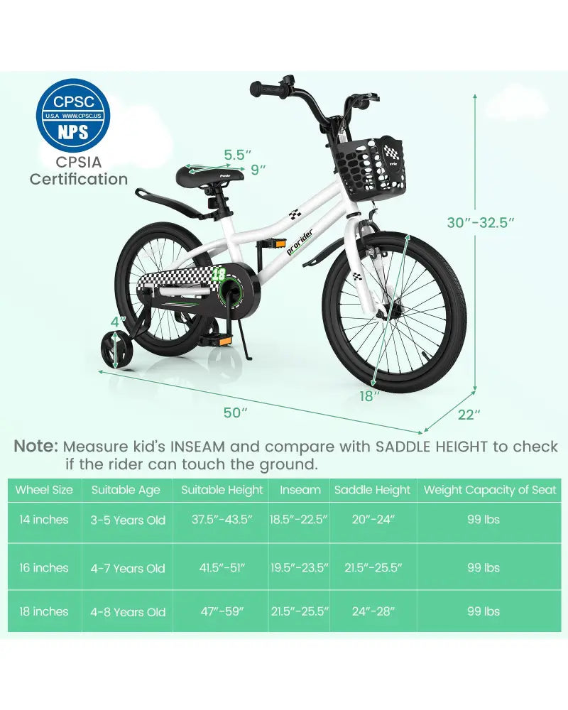 18 Feet Kids Bike with Removable Training Wheels-Black & White - Black & White - Kids Bike