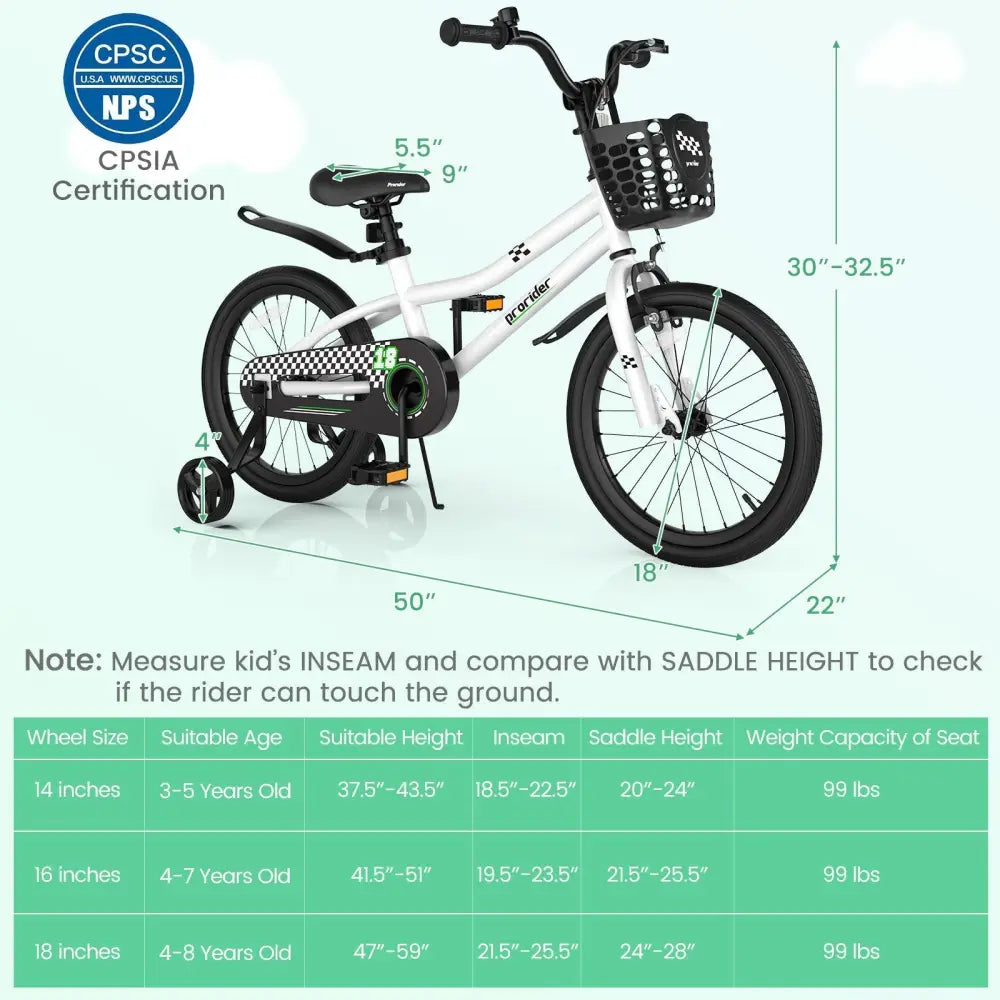 18 Feet Kids Bike with Removable Training Wheels - Black & White - Oasis Home Essentials