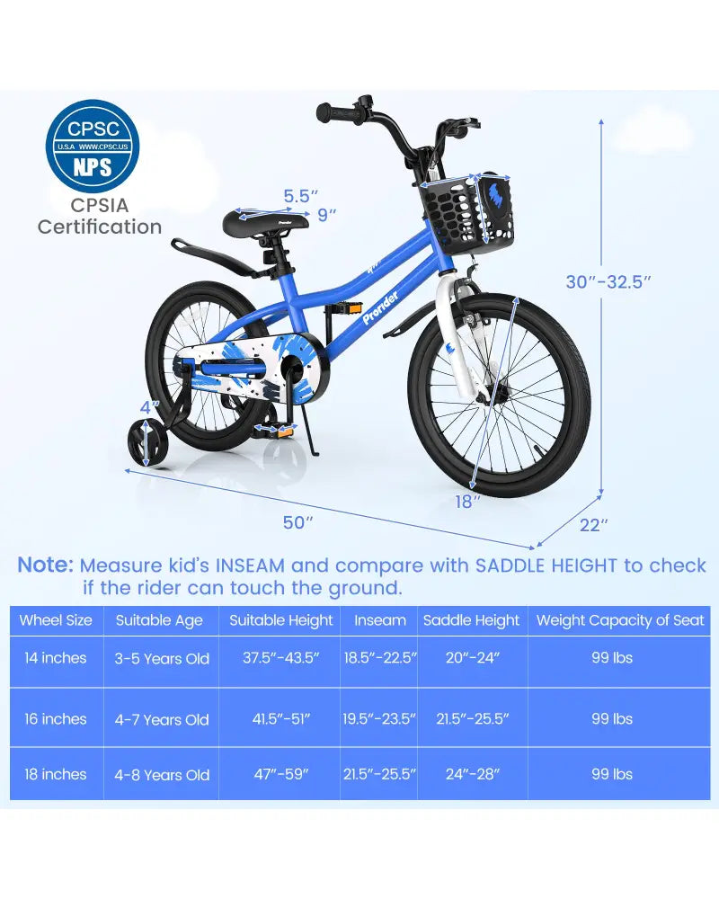 18 Feet Kids Bike with Removable Training Wheels-Blue - Blue - Kids Bike