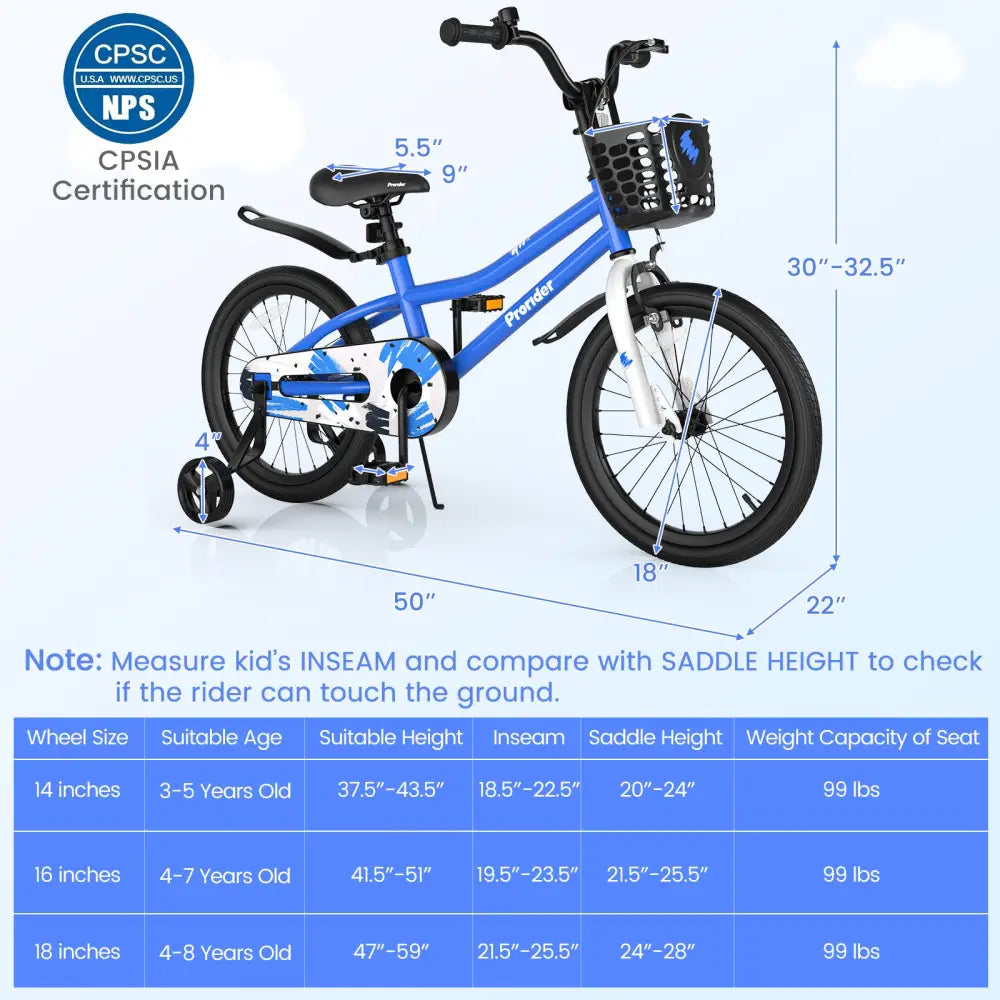 18 Feet Kids Bike with Removable Training Wheels-Blue - Blue - Kids Bike