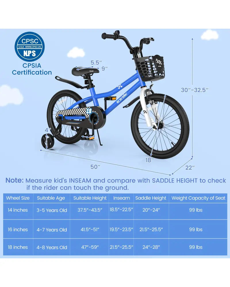 18 Feet Kids Bike with Removable Training Wheels-Navy - Navy - Kids Bike