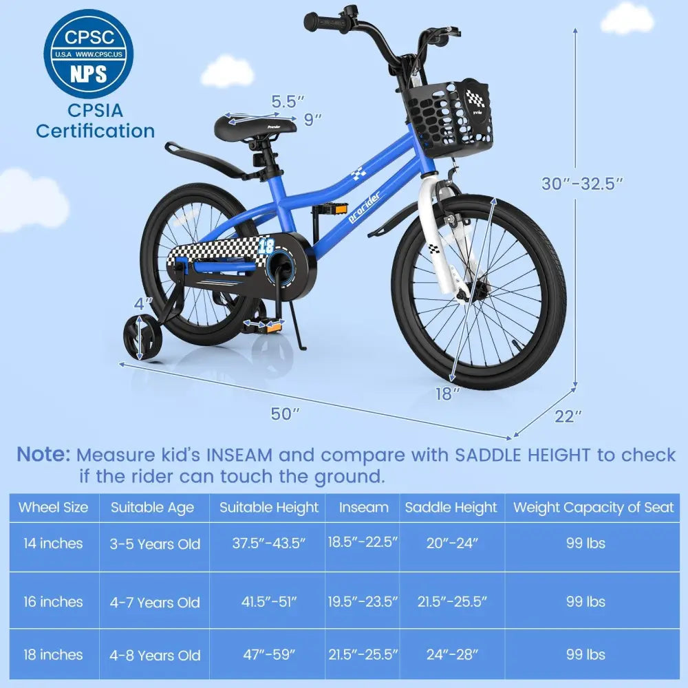 18 Feet Kids Bike with Removable Training Wheels - Navy - Oasis Home Essentials