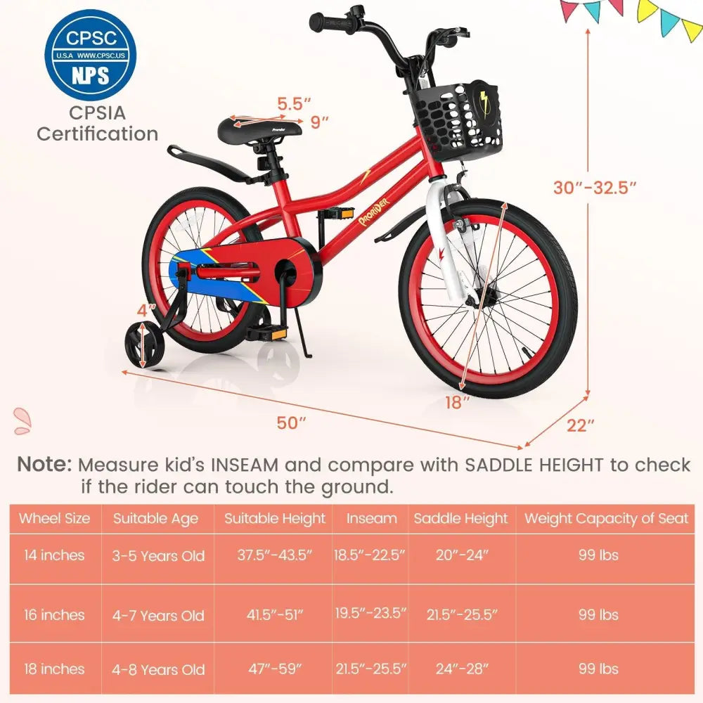18 Feet Kids Bike with Removable Training Wheels - Red - Oasis Home Essentials