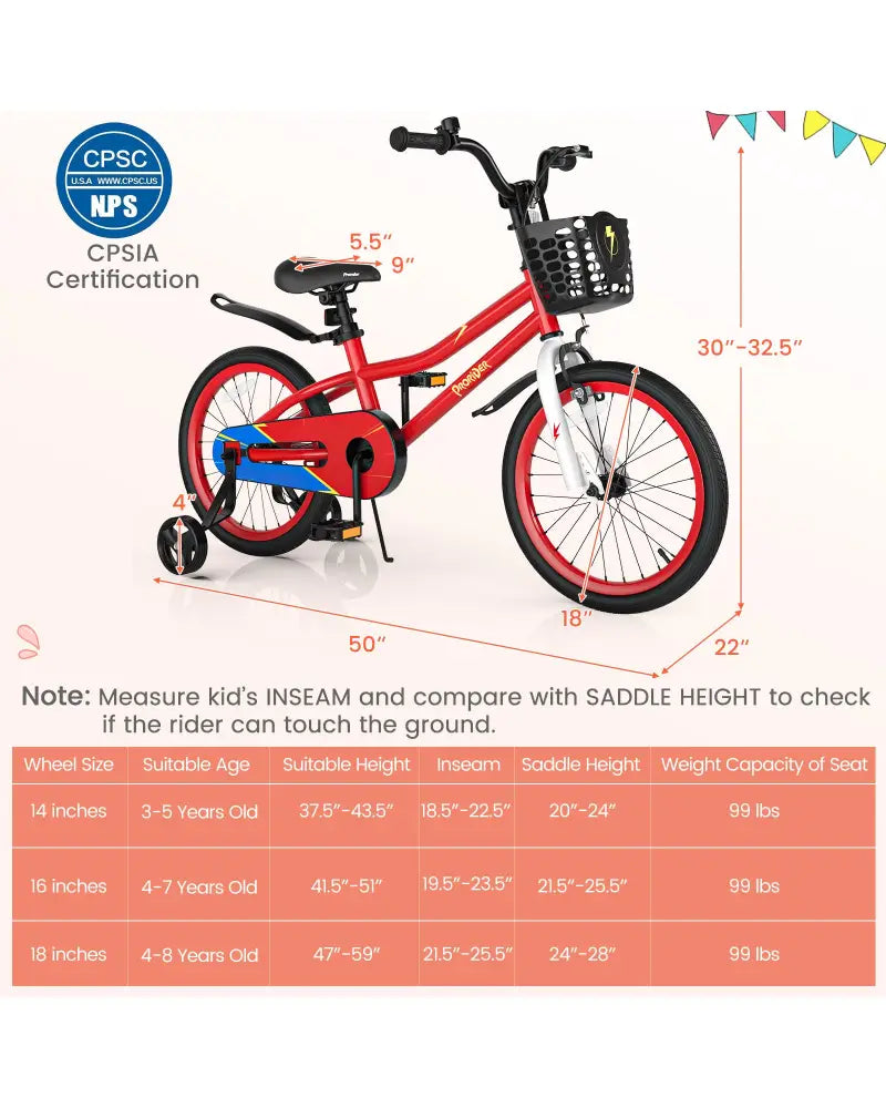 18 Feet Kids Bike with Removable Training Wheels-Red - Red - Kids Bike