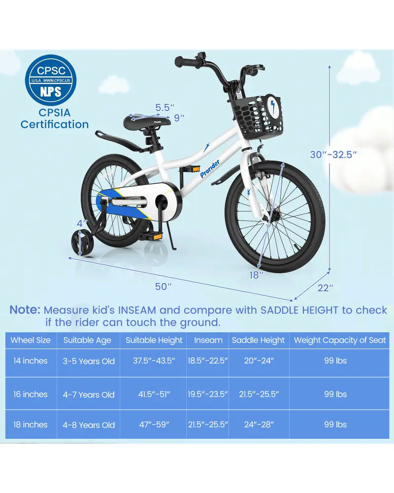 18 Feet Kids Bike with Removable Training Wheels-White - White - Kids Bike