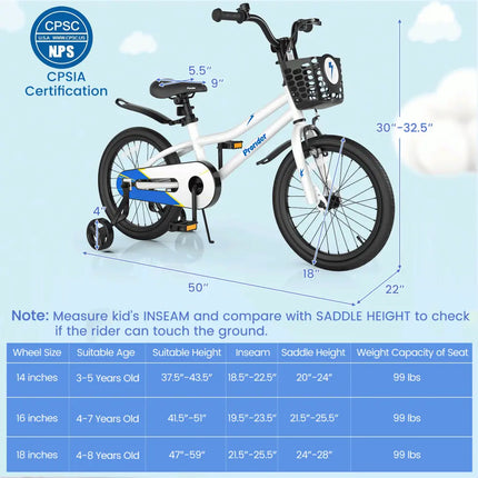 18 Feet Kids Bike with Removable Training Wheels-White - White - Kids Bike