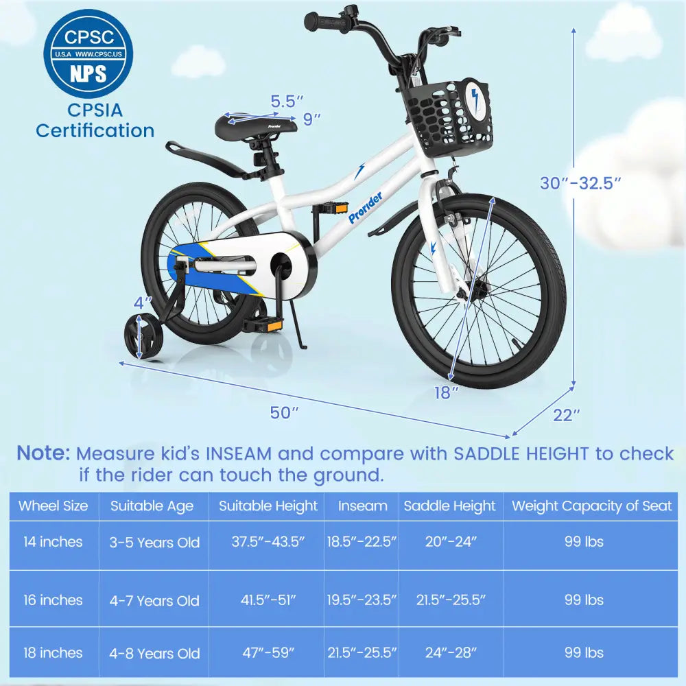 18 Feet Kids Bike with Removable Training Wheels-White - White - Kids Bike
