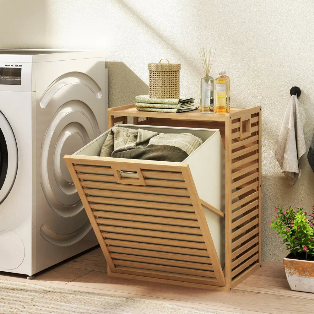 18 Gal Bamboo Tilt-out Laundry Hamper with Removable Fabric Bin-Natural - Natural - Laundry Baskets
