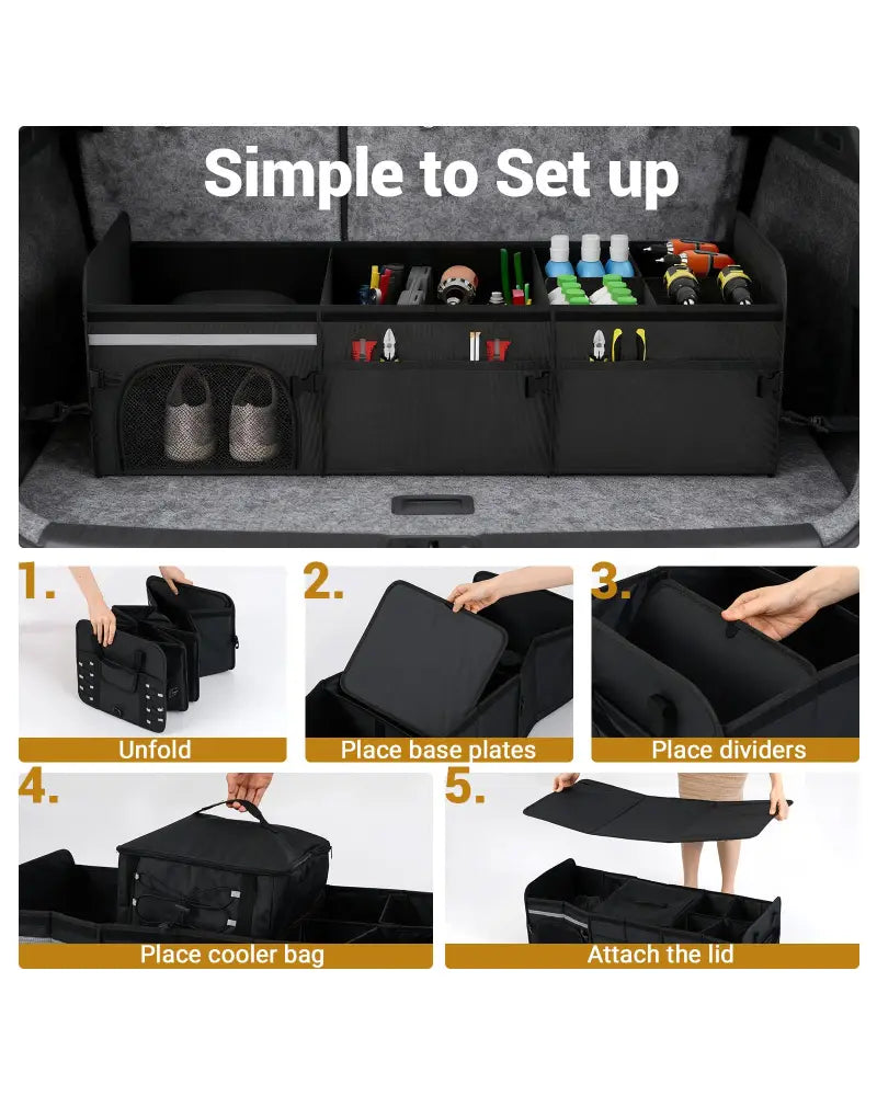 18 Gal Car Trunk Organizer with Lid 3-Compartment Portable Storage Box-Black - Black - Garages