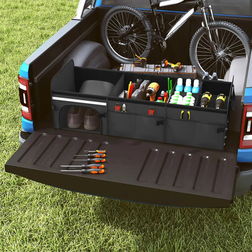 18 Gal Car Trunk Organizer with Lid 3-Compartment Portable Storage Box-Black - Black - Garages