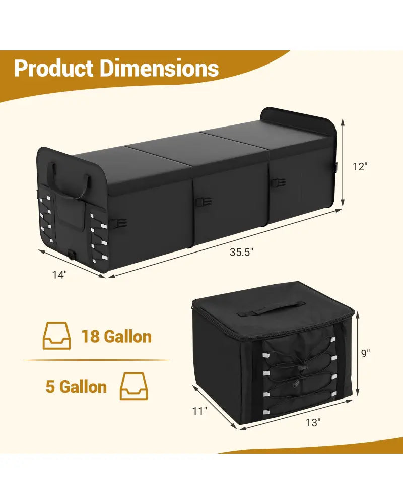 18 Gal Car Trunk Organizer with Lid 3-Compartment Portable Storage Box-Black - Black - Garages
