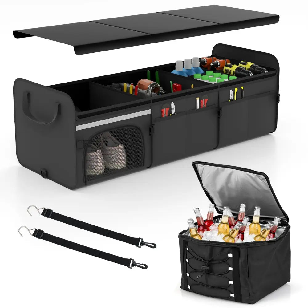 18 Gal Car Trunk Organizer with Lid 3-Compartment Portable Storage Box-Black - Black - Garages