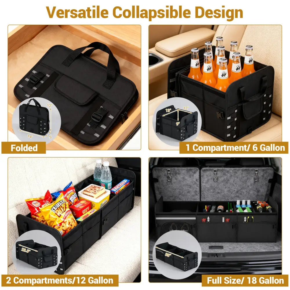 18 Gal Car Trunk Organizer with Lid 3-Compartment Portable Storage Box-Black - Black - Garages