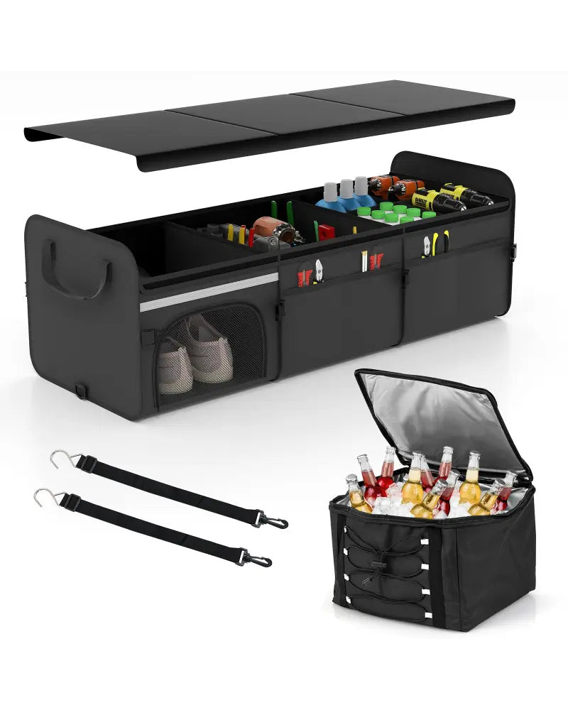 18 Gal Car Trunk Organizer with Lid 3-Compartment Portable Storage Box-Black - Black - Garages