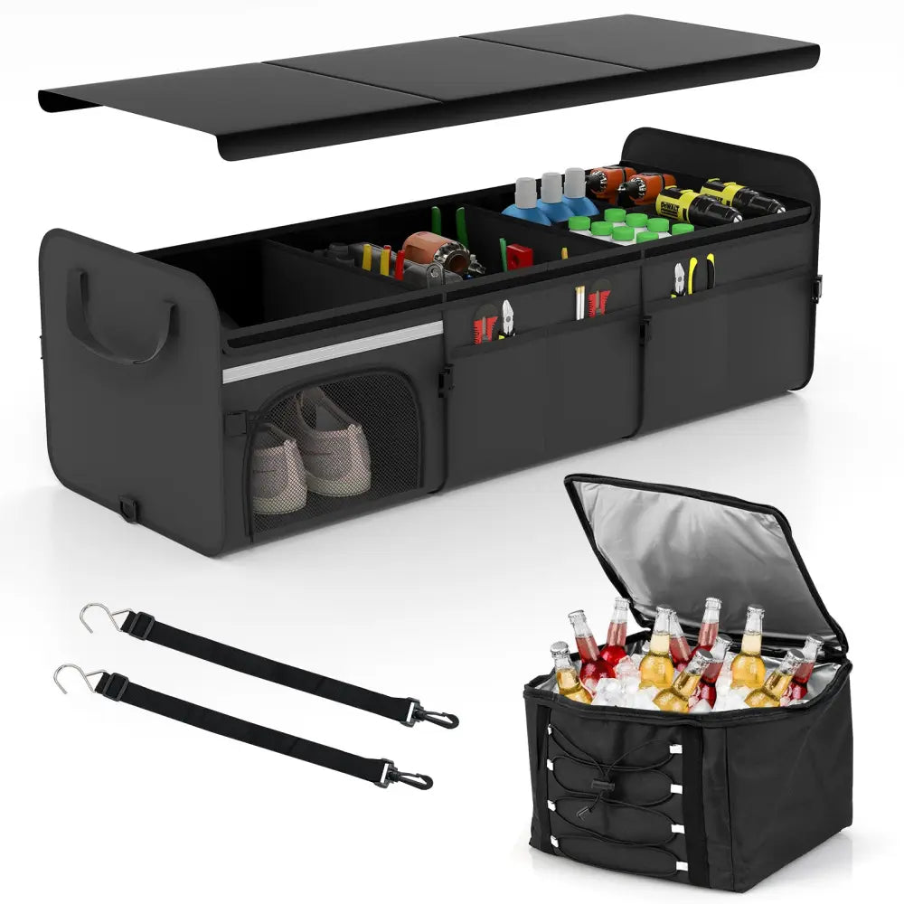 18 Gal Car Trunk Organizer with Lid 3-Compartment Portable Storage Box-Black - Black - Garages
