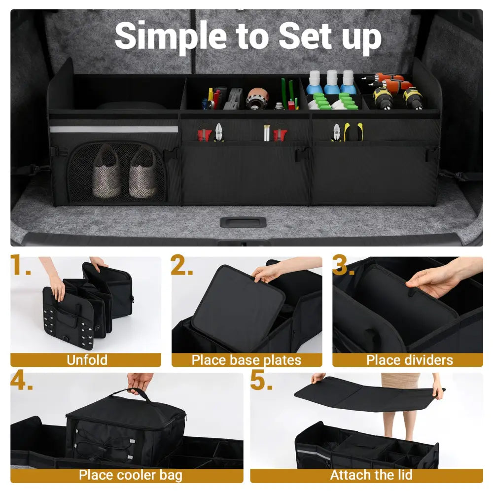18 Gal Car Trunk Organizer with Lid 3-Compartment Portable Storage Box-Black - Black - Garages