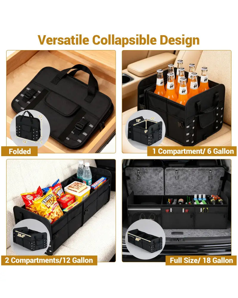 18 Gal Car Trunk Organizer with Lid 3-Compartment Portable Storage Box-Black - Black - Garages