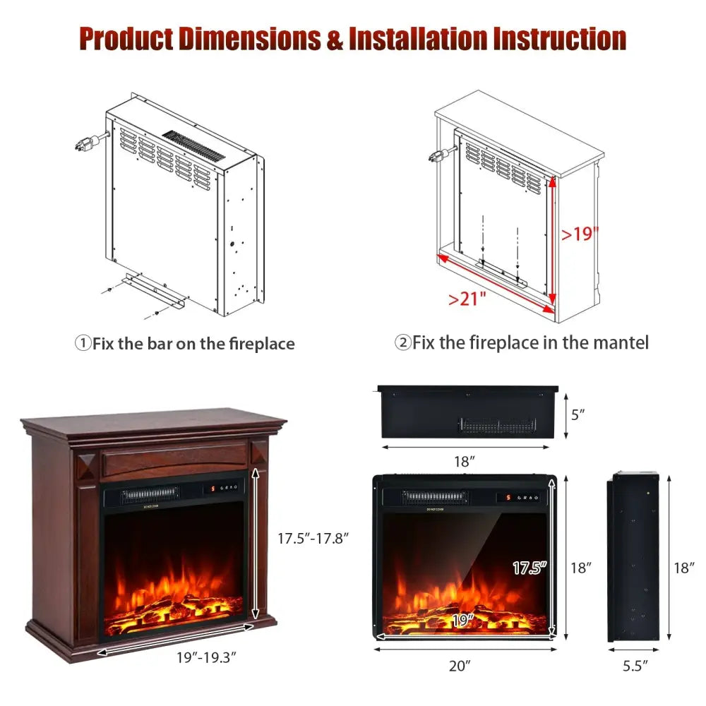 18 Inch 1500W Electric Fireplace Freestanding and Recessed Heater - Oasis Home Essentials