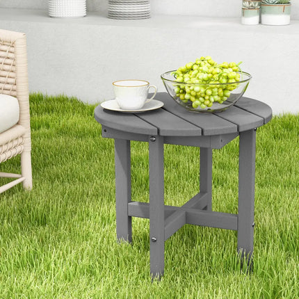 18 Inch Adirondack Round Side Table with Cross Base and Slatted Surface-Gray - Gray - Patio Coffee Tables