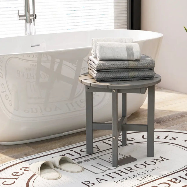 18 Inch Adirondack Round Side Table with Cross Base and Slatted Surface-Gray - Gray - Patio Coffee Tables