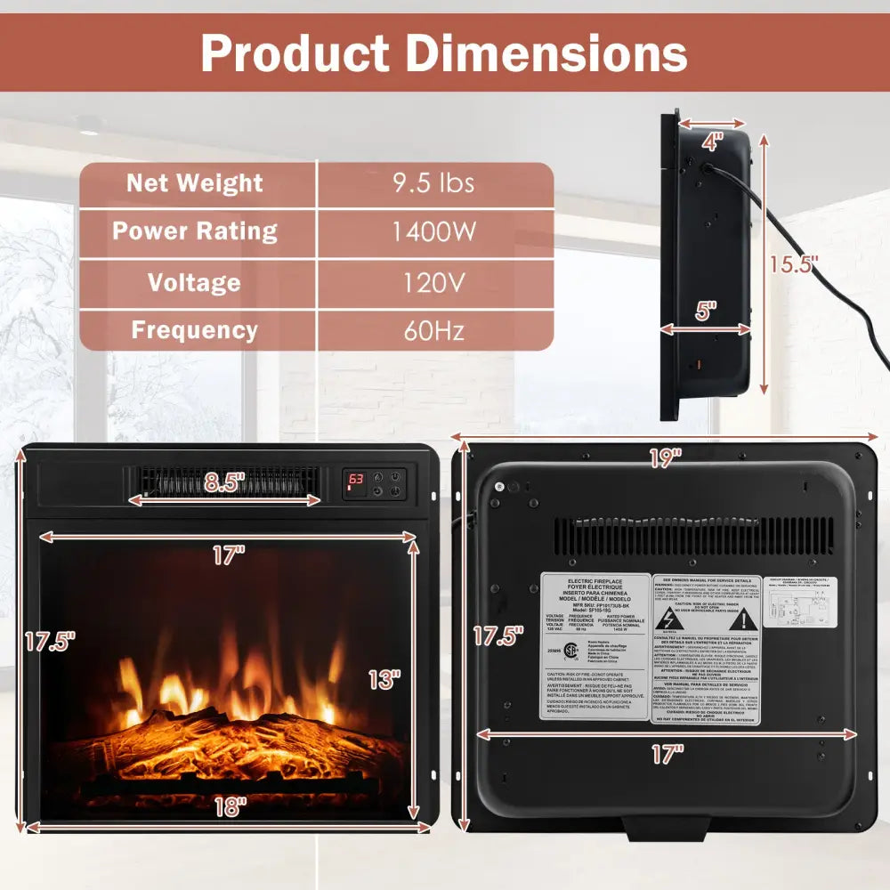 18 Inch Electric Fireplace Inserted with Adjustable LED Flame - Fireplaces