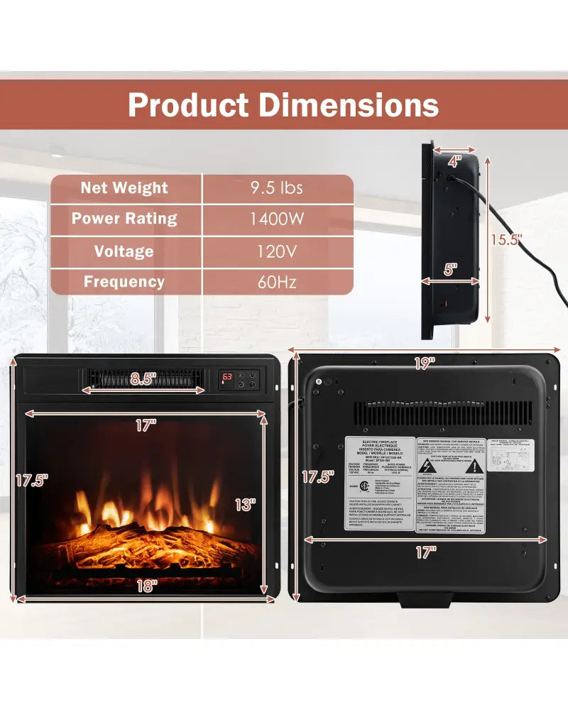 18 Inch Electric Fireplace Inserted with Adjustable LED Flame - Fireplaces