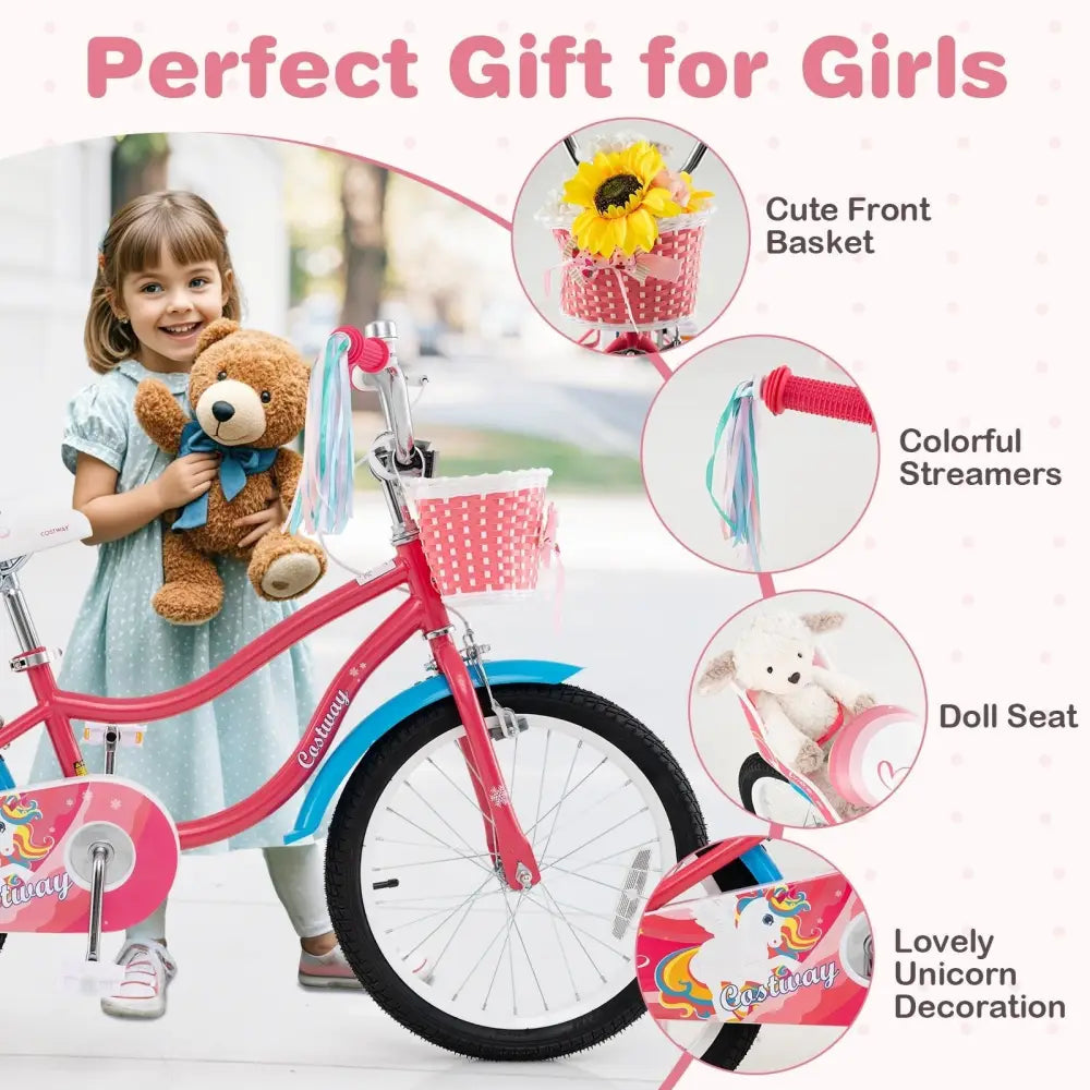 18 Inch Girls Bike for 3 - 5 Years Old Kids Bike with Doll Seat and Training Wheels - Oasis Home Essentials