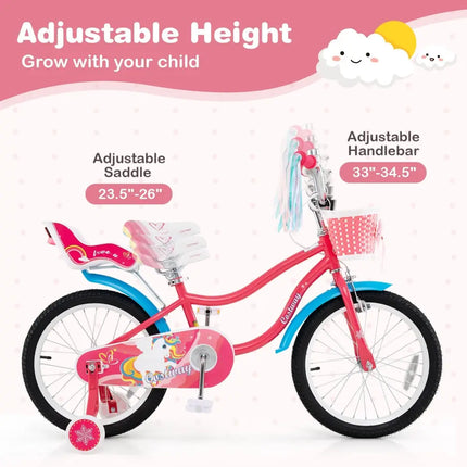 18 Inch Girls Bike for 3 - 5 Years Old Kids Bike with Doll Seat and Training Wheels - Oasis Home Essentials