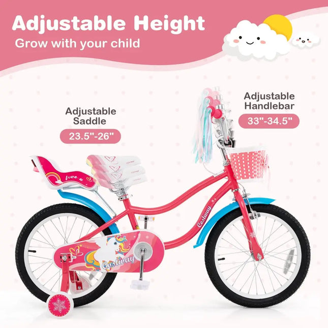 18 Inch Girls Bike for 3 - 5 Years Old Kids Bike with Doll Seat and Training Wheels - Oasis Home Essentials
