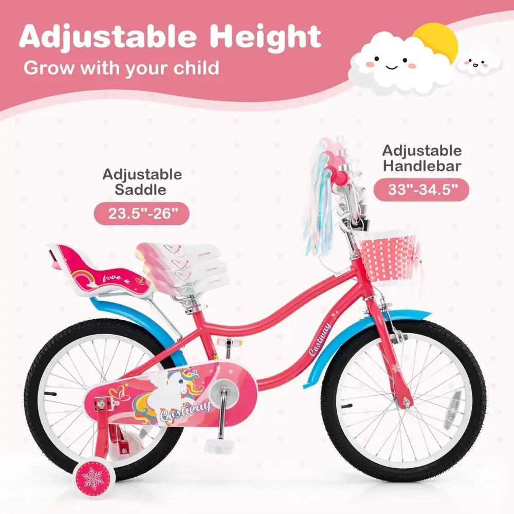 18 Inch Girls Bike for 3 - 5 Years Old Kids Bike with Doll Seat and Training Wheels - Oasis Home Essentials